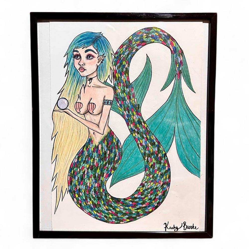 Original Colored Pencil Mermaid with Orb Drawing Framed artwork